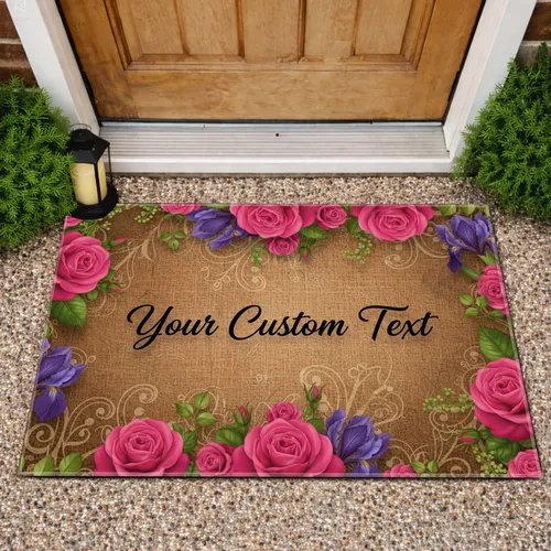 Custom Text Pink Roses Purple Irises Green Foliage Natural Fiber Background - Garden Decor Gift Doormat