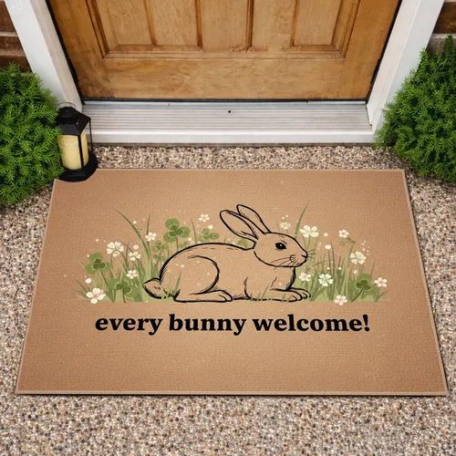 Black Outline Bunny Spring Flowers Welcome Text - Everyday Home Decor Gift Doormat