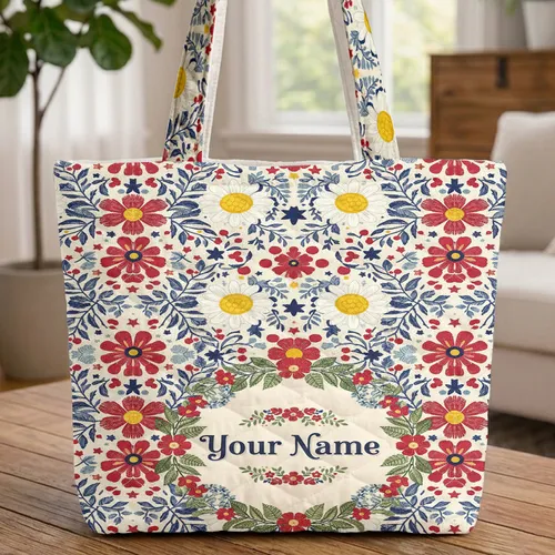 Folk Art Daisy Blossom Botanical Wreath Red Berry Blue Sprig Stars - Boho Lifestyle Gift Quilted Tote Bag