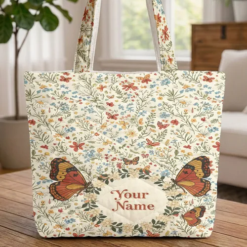 Ornate Butterflies Floral Wreath Wildflowers - Nature Lover Everyday Gift for Her Quilted Tote Bag