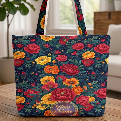 Botanical Peony Ranunculus Poppies Gilded Name Circle - Personalized Gift for Flower Lovers Quilted Tote Bag