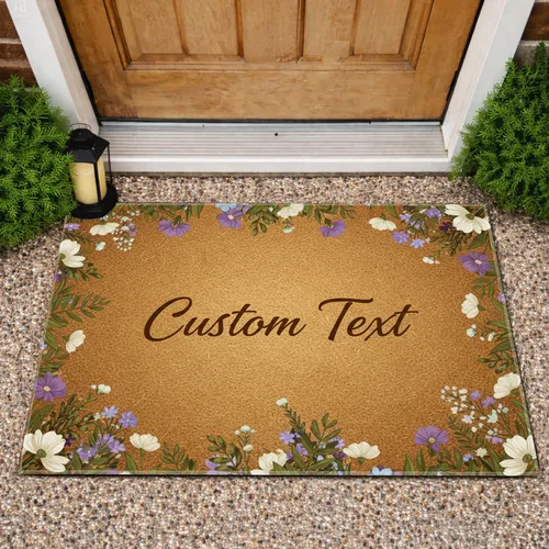 Custom Text Wildflower Foliage Golden-Brown Coir Texture Farmhouse Home Decor Doormat