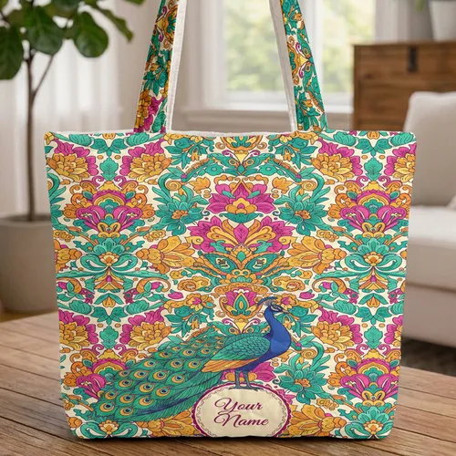 Ornate Peacock Lush Botanical Tropical Flowers Paisley - Everyday Carry Wildlife Lover Gift Quilted Tote Bag