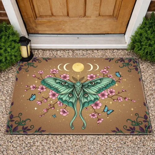 Luna Moth Pink Flowers Moon Phase - Nature Lover Garden Decor Gift Doormat