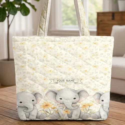 Baby Elephants Wildflowers Daisies - Personalized Wildlife Lover Gift Quilted Tote Bag