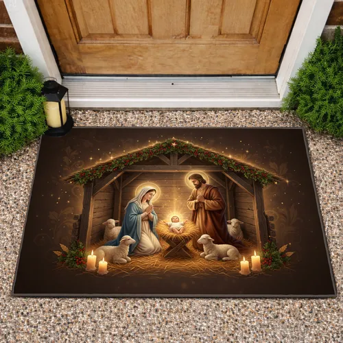 Nativity Scene Holy Family Rustic Stable Garland - Christmas Religious Home Decor Doormat
