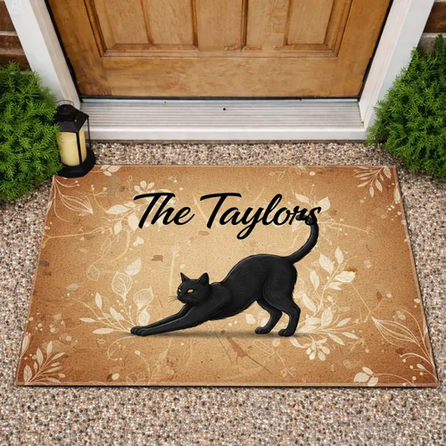 Full Body Stretch Black Cat Silhouette Custom Family Name Home Decor Cat Lover Gift Doormat
