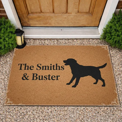 Custom Family Name & Buster Dog Silhouette - Family Home Decor Gift Doormat