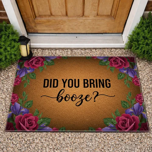 Did You Bring Booze Pink Roses Purple Irises Green Foliage - Social Gathering Host Gift Doormat