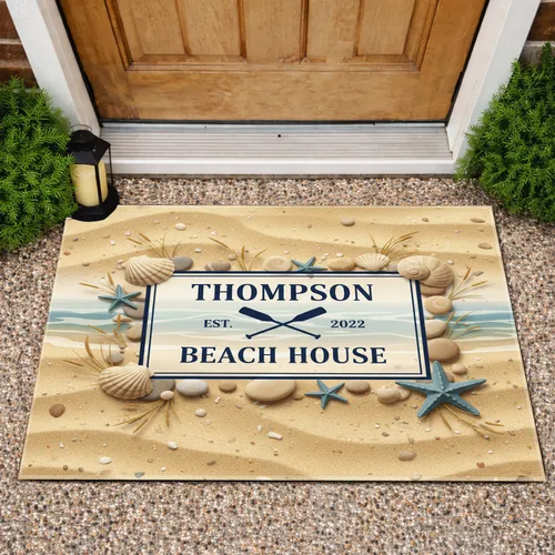 Custom Family Name and Year Beach House Oars Seashells - Coastal Home Decor Gift Doormat
