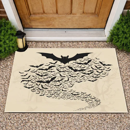 Black Bat Silhouette Swarm Tan Background - Wildlife Lover Home Decor Gift Doormat
