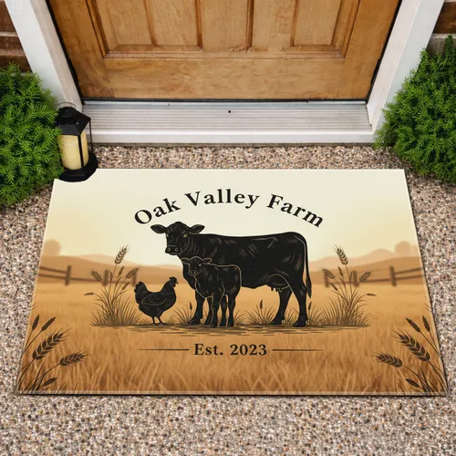 Custom Name and Year Valley Farm Cow Calf Chicken Silhouettes - Farmhouse Home Decor Gift Doormat