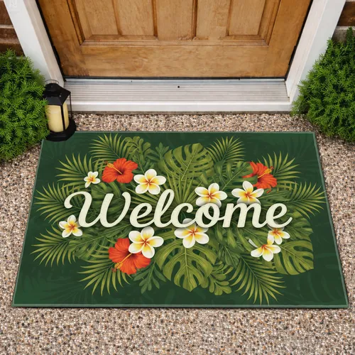 Welcome Monstera Palm Hibiscus Flowers - Garden Entryway Decor Doormat