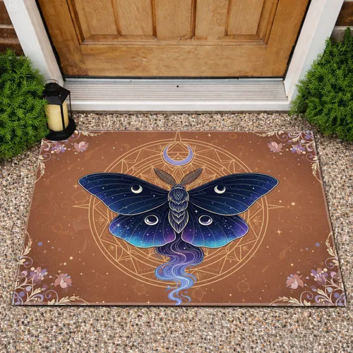 Mystical Moth Moon Cosmic Mandala Floral Vines - Rustic Celestial Home Decor Gift Doormat