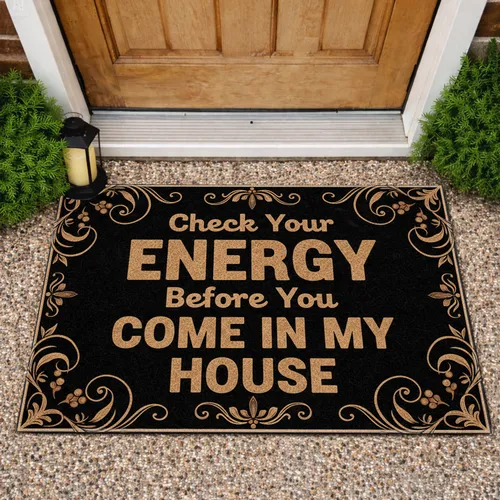 Check Your Energy Message Rustic Scrollwork Leaf - Lifestyle Home Decor Doormat