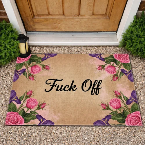 Fuck Off Script Pink Roses Purple Iris Floral - Home Decor Gift Doormat