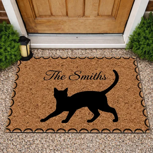 Stretching Black Cat Custom Family Name Family Home Decor Gift Doormat