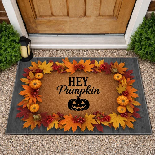 HEY Pumpkin Jack-o'-Lantern Autumn Leaves Gourds - Fall Harvest Home Decor Doormat