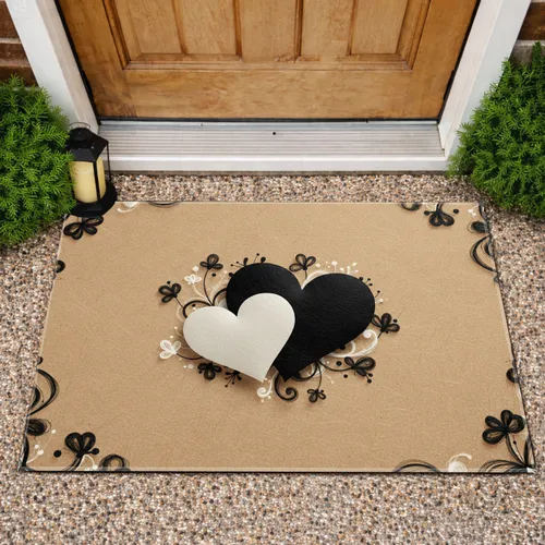 Distinct Overlapping Black Off-White Hearts Tan Background - Elegant Home Decor Gift Doormat