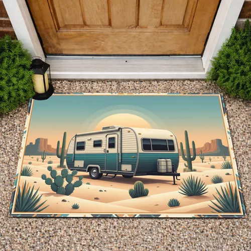 Retro Travel Trailer Desert Sunset Landscape - Home Decor Travel Lover Gift Doormat