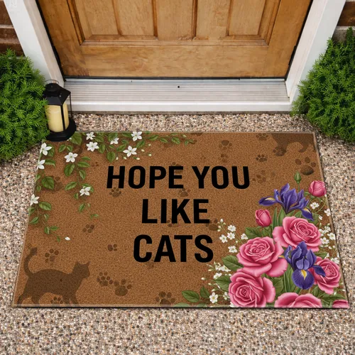 Hope You Like Cats Pink Roses Purple Irises Floral - Cat Lover Home Decor Gift Doormat