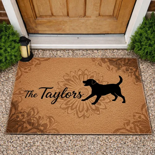 Custom Family name Playful Dog Silhouette - Rustic Home Decor Gift for Dog Lovers Doormat