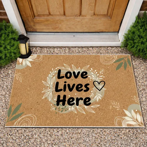 Love Lives Here Heart Delicate Leaf Vine Home Decor Doormat