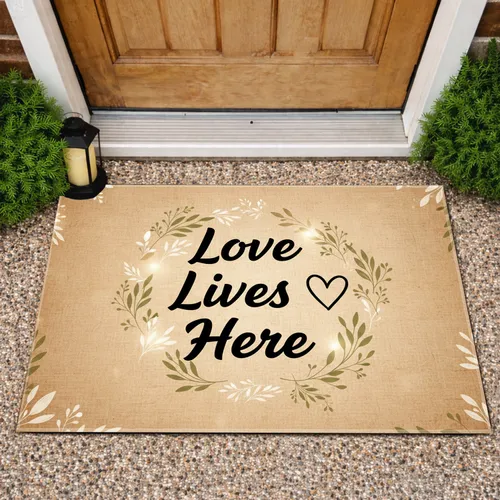 Love Lives Here Heart Leafy Tendril Rustic Parchment - Home Decor Gift Doormat