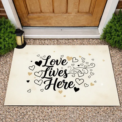 Love Lives Here Script Heart Motifs Cream Beige Tan - Everyday Welcoming Home Decor Doormat
