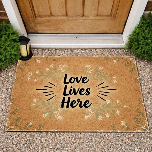 Love Lives Here Script, Intertwined Leaves Sprigs - Welcoming Home Decor Doormat