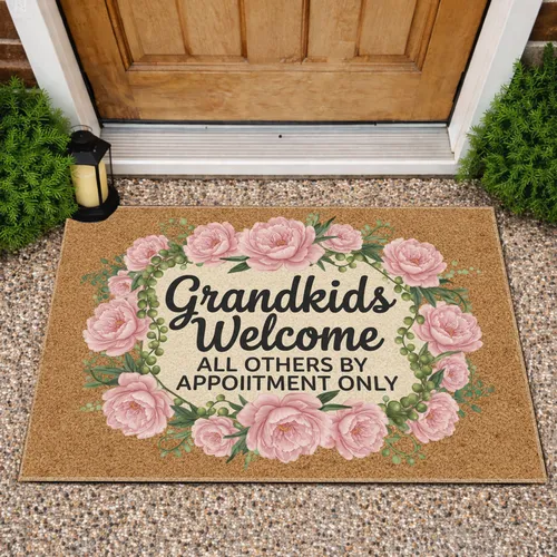 Grandkids Welcome Peony Blooms String-of-Pearls - Grandparent Home Decor Gift Doormat