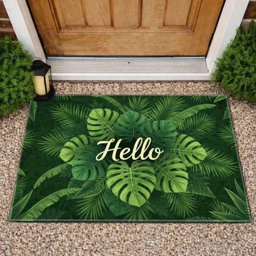 Creamy Yellow Hello Text Lush Monstera Palm Fronds - Tropical Jungle Home Decor Gift Doormat