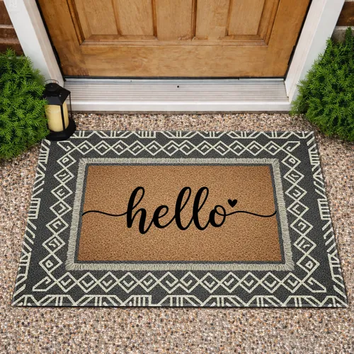 Script Hello Heart Geometric Border Sisal Mat Home Decor Gift Doormat
