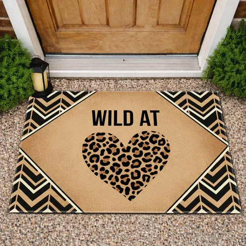 WILD AT Black Leopard Heart Chevron - Wildlife Lover Home Decor Gift for Wild Soul Doormat