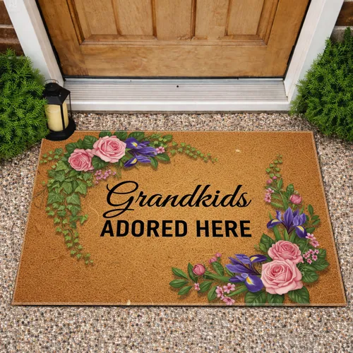 Grandkids ADORED HERE Text Roses Iris Floral - Home Decor Gift for Grandparents Doormat