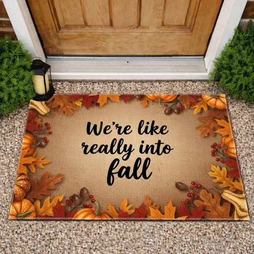 "We're Really Into Fall" Script Text with Autumn Foliage - Fall Home Decor Gift Doormat
