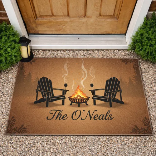 Fire Pit Adirondack Chairs Custom Family Name - Rustic Home Decor Gift Doormat