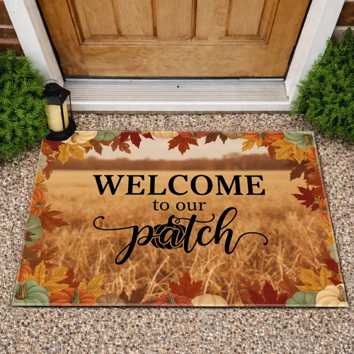 Welcome to Our Patch Pumpkin Autumn Leaves Gourds Farmhouse Fall Harvest Decor Doormat