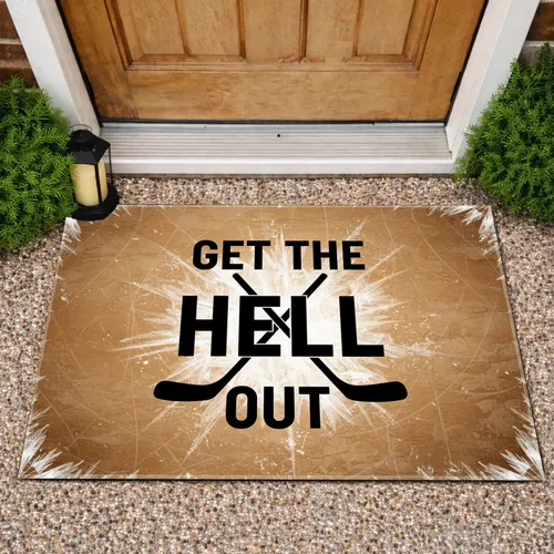 Get The Hell Out Hockey Sticks Ice Rink - Sports Fan Man Cave Decor Doormat