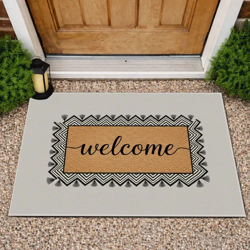 Welcome Script Geometric Tribal Weave Fringe Tassel - Entryway Home Decor Living Room Doormat