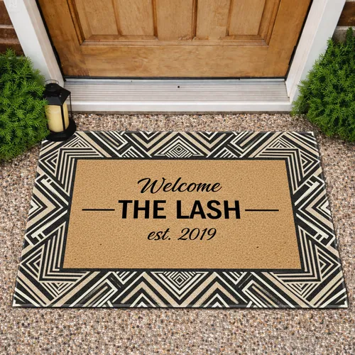 Welcome Family Black Off-White Tan Greek Key Labyrinth Custom Name - New Home Welcome Gift Doormat