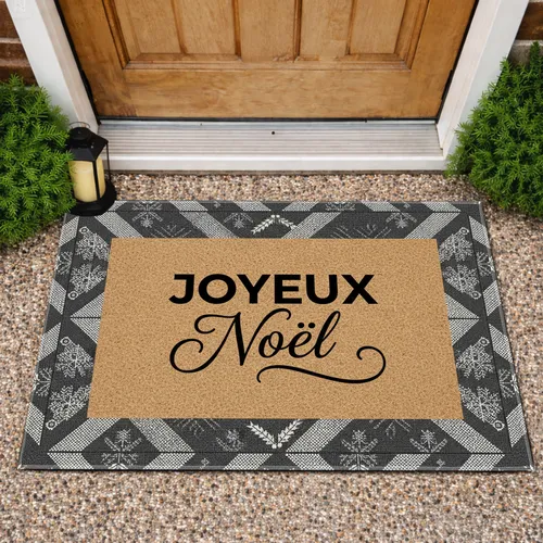 Joyeux Noel French Christmas Greeting - Holly Snowflake Holiday Decor Doormat