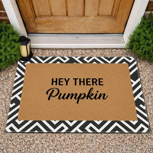HEY THERE Pumpkin Greeting Zigzag - Autumn Fall Harvest Welcome Decor Gift Doormat