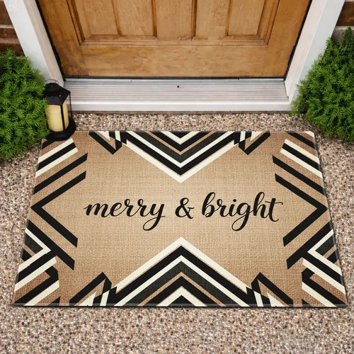 Merry & Bright Script Chevron Zigzag Fibrous Texture Christmas Holiday Home Decor Doormat