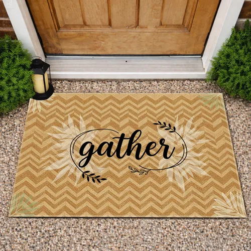 Gather Script Laurel Wreath Botanical Greenery - Rustic Farmhouse Home Decor Doormat