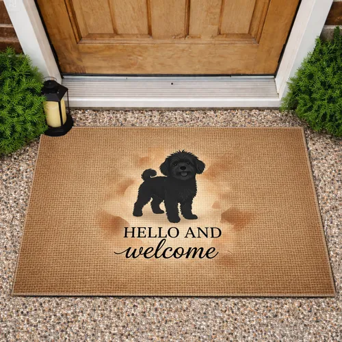 Fluffy Dog Silhouette 'Hello Welcome' Text - Home Decor Gift for Dog Lover Doormat
