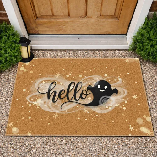 Hello Script Friendly Ghost Swirling Mist Tan Gold Welcome Home Decor Gift Doormat