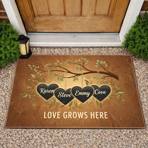 Tree Branch Heart Ornaments 'Love Grows Here' - Personalized Family Celebration Gift Doormat