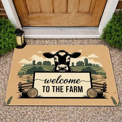 Welcome TO THE FARM Cow Silhouette - Farmhouse Home Decor Gift for Farm Lover Doormat