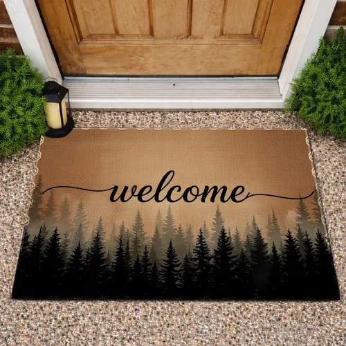 Welcome Script Evergreen Trees Woodland Forest Scene Home Entryway Decor Doormat